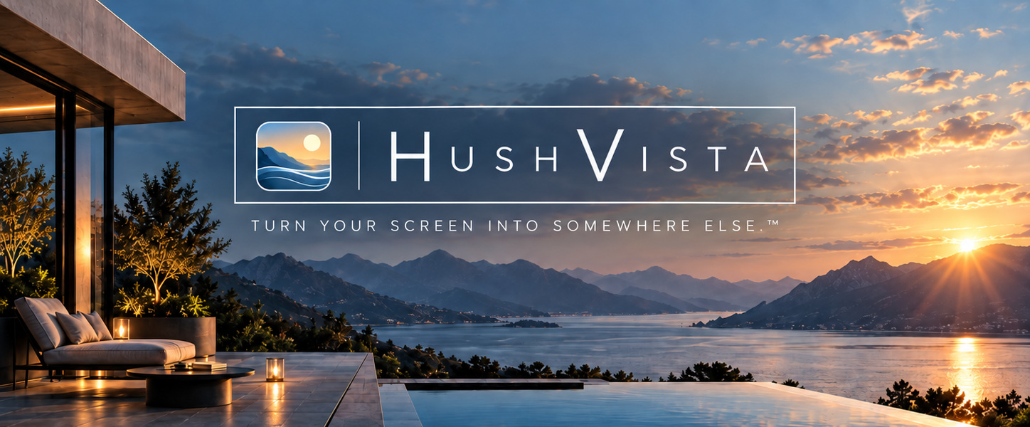 HushVista over a cinematic mountain-lake sunset viewed from a modern terrace.