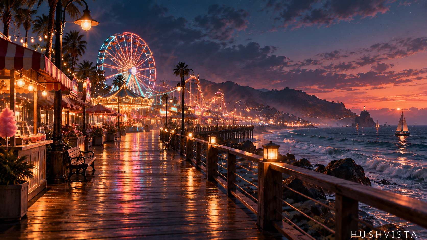 An almost-empty boardwalk carnival at night with rides, lights and vendor huts